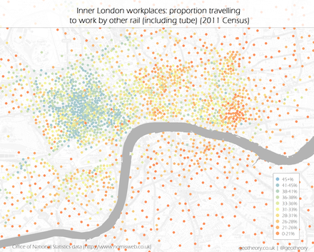 Map of proportion that travel by tube and tram
